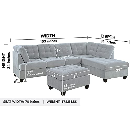 Casa Andrea Milano 3 Piece Modern Tufted Micro Suede L Shaped Sectional Sofa Couch with Reversible Chaise & Ottoman