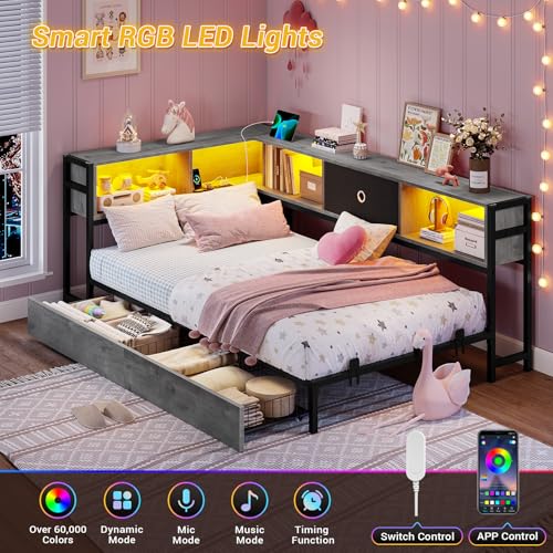 Hasuit Corner Bed Frame with Storage Bookcase, Twin Daybed with Storage Drawers Underneath, Kids Bed Unit with Charging Station and LED Light