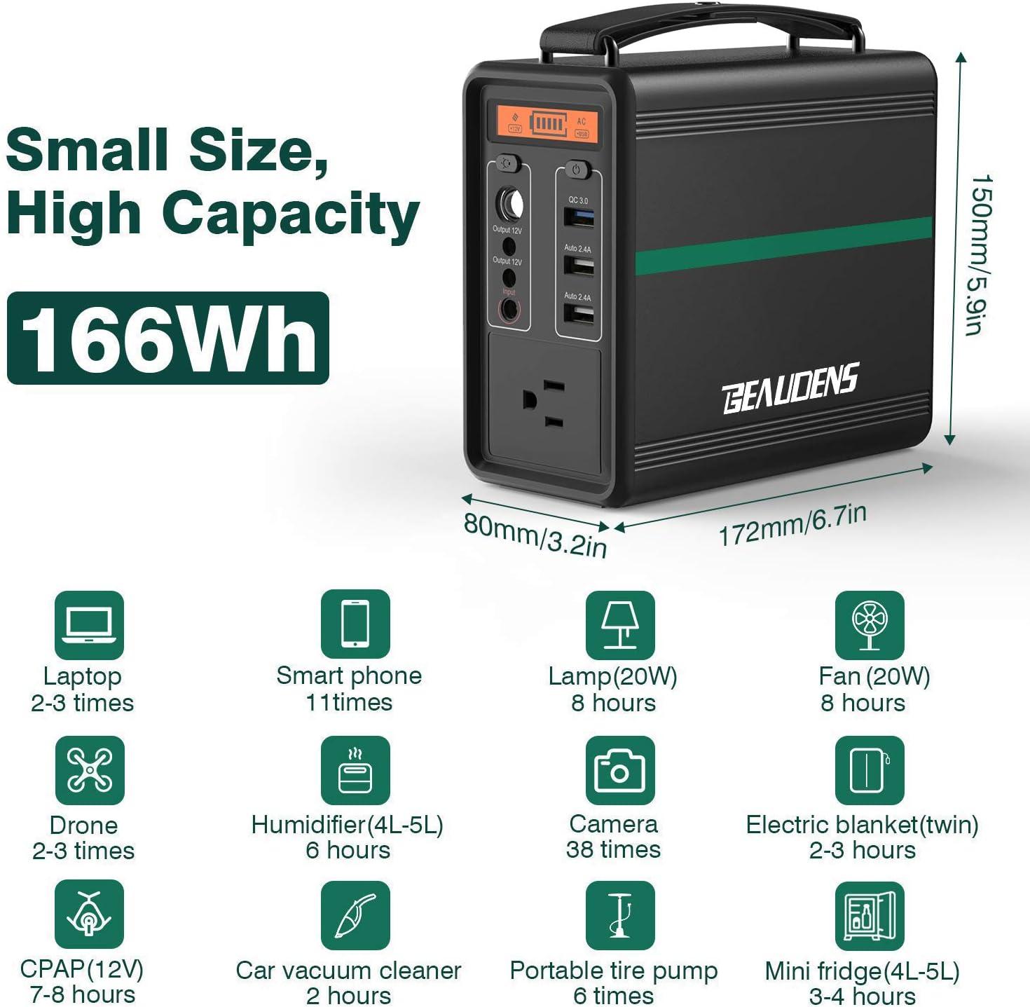 BEAUDENS Portable Power Station 166Wh LiFePO4 Battery Solar Generator 2000 Cycles