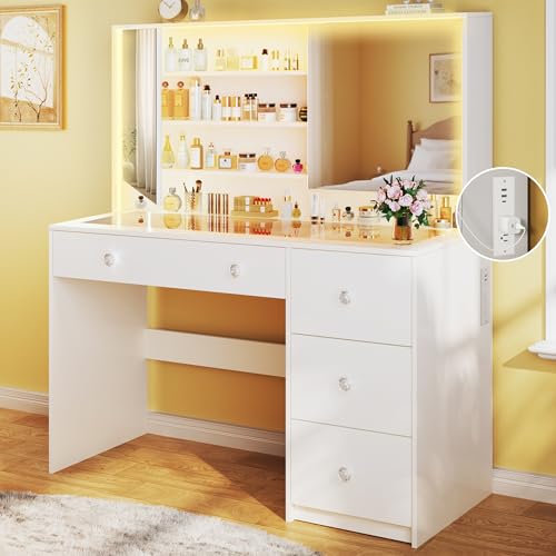 Vanity Desk with Mirror and Lights, 50" Makeup Vanity with Glass Top & Power Outlet, White Vanity with 11 Drawers & 8 Hidden Storage Shelves