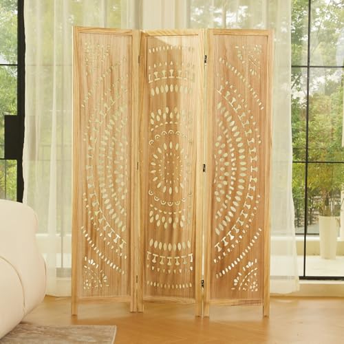 66.9Inch Folding Room Divider, 6 Panels Wood Carved Privacy Screens