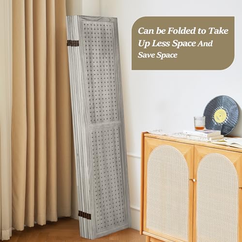 4 Panel Room Dividers and Folding Privacy Screens, 5.6Ft Wooden Pegboard Display, Privacy Dividers for Bedroom