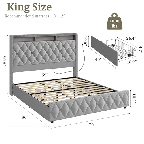 GarveeHome Queen Bed Frame with 50.8" Tall Headboard, Platform Velvet Upholstered Bed Frame with 4 Storage Drawers, USB Charging Station, Led Lights