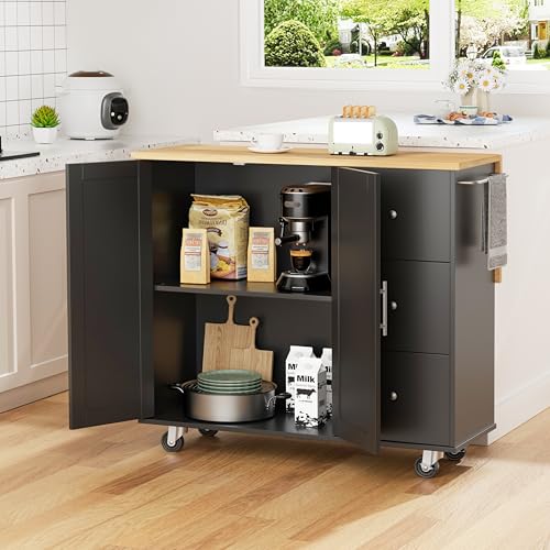 Shintenchi Rolling Kitchen Island Cart with Folding Drop Leaf Breakfast Bar, Portable Trolley Island with Large Storage Cabinet, Shelf and Drawer