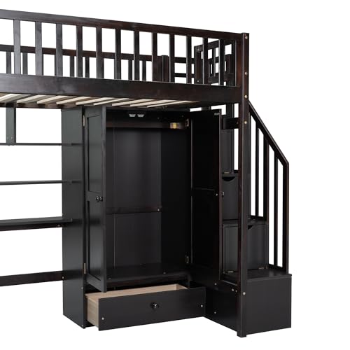 Twin Loft Bed with Staircase, Desk and Wardrobe, Wood Loft Bed with Storage Shelves and Safety Guardrail