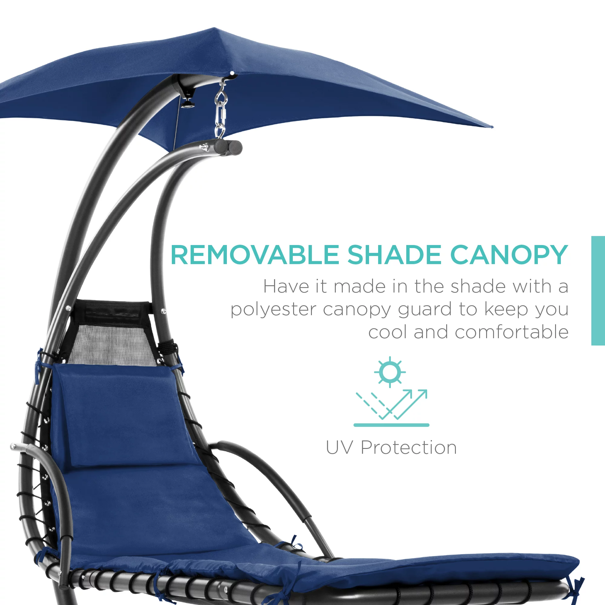 Best Choice Products Hanging Curved Chaise Lounge Chair Swing for Backyard, Patio w/ Pillow, Shade, Stand - Navy Blue - Radiant Selections