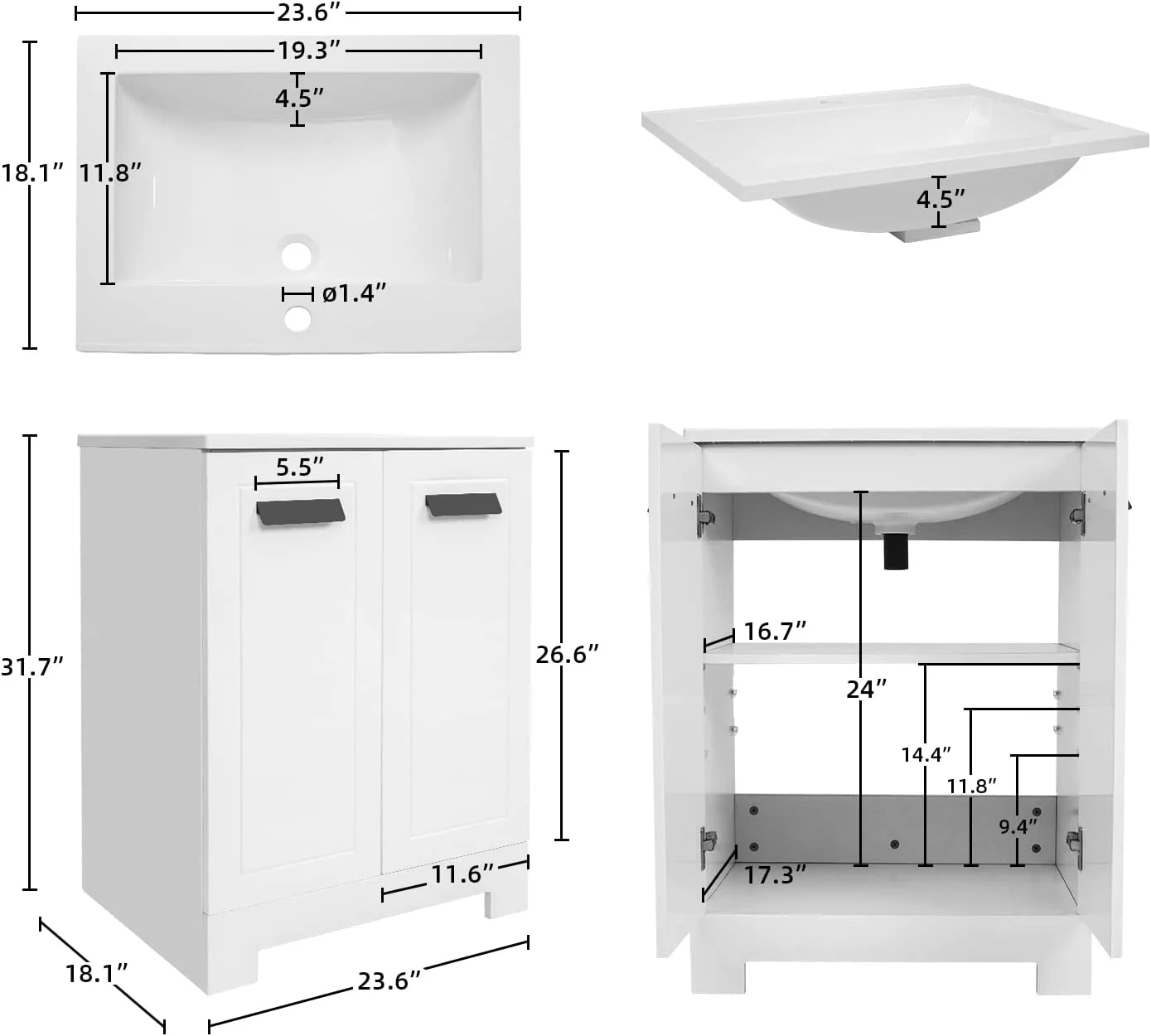 FULLWATT 24 inch Modern Stand Pedestal Wooden Bathroom Cabinet with Undermount Sink Combo