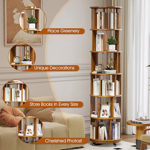 6 Tier Rotating Bookshelf Tower Spinning Bookshelf with Swivel Wheels Book Shelf Rotating Storage Tower for Kids Adult Narrow Walnut Solid Wood