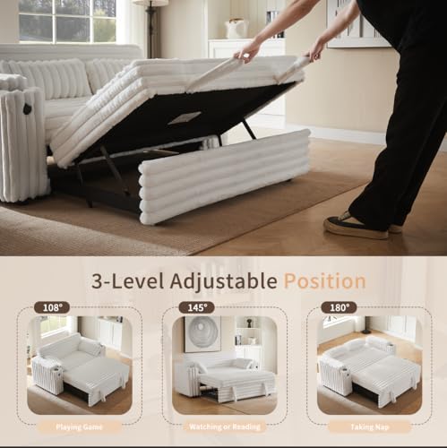 68.11" Corduroy Sleeper Chair Bed with USB Port, Cup Holders & Side Storage Pockets – 3-in-1 Foldable Sofa Bed for Guest Room, Living Room – White
