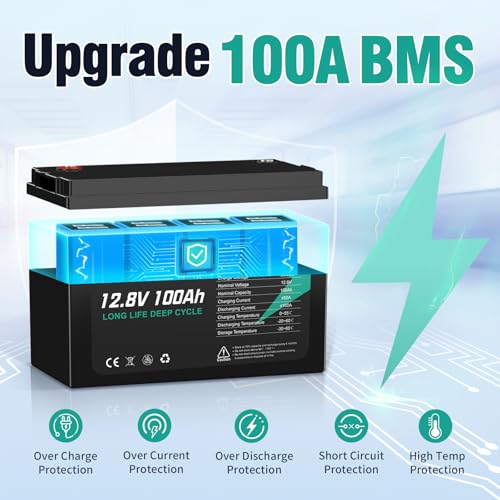 12V 100Ah LiFePO4 Lithium Battery, Up to 15000 Deep Cycles, Low-temp Protection, Ideal for RV, Marine, Trolling Motor, Solar/Wind
