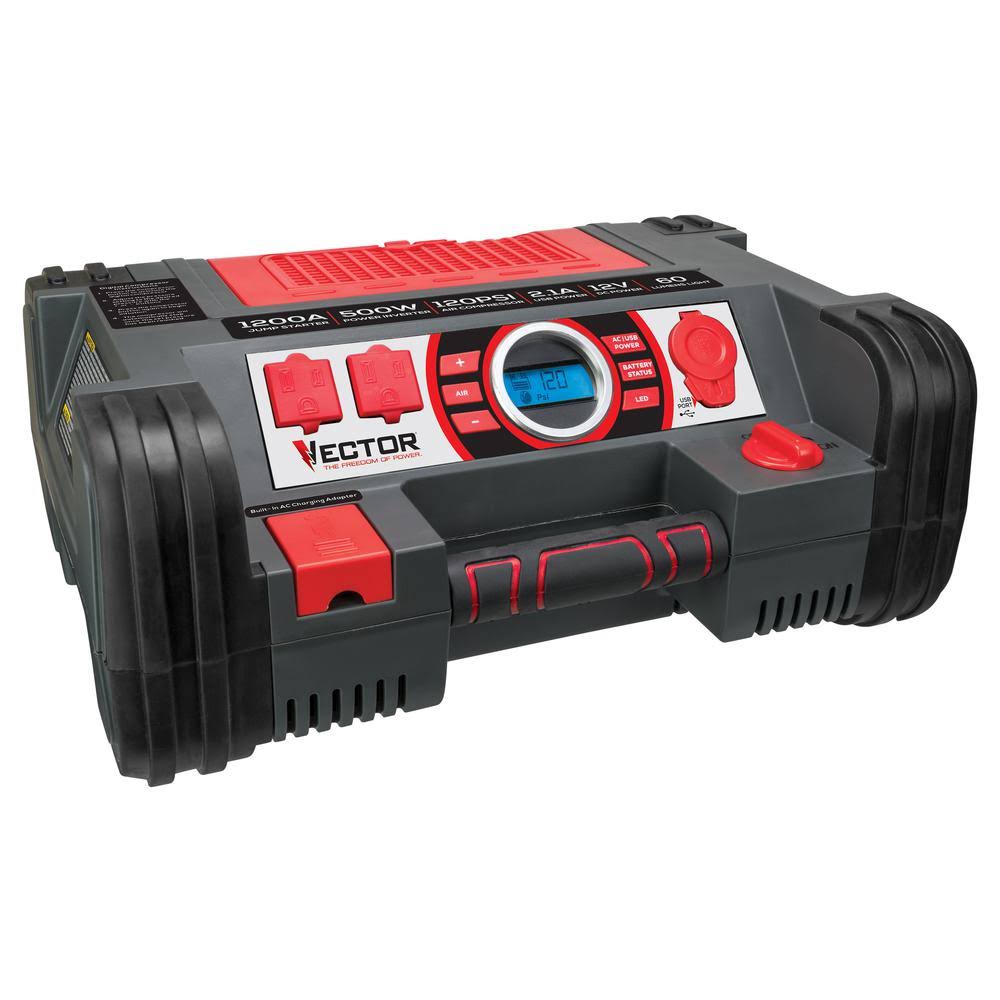 Vector 1200 Peak Amp Portable Car Jump Starter/Portable Power Station with 120 PSI Compressor and 500 Watt Power Inverter PPRH5V