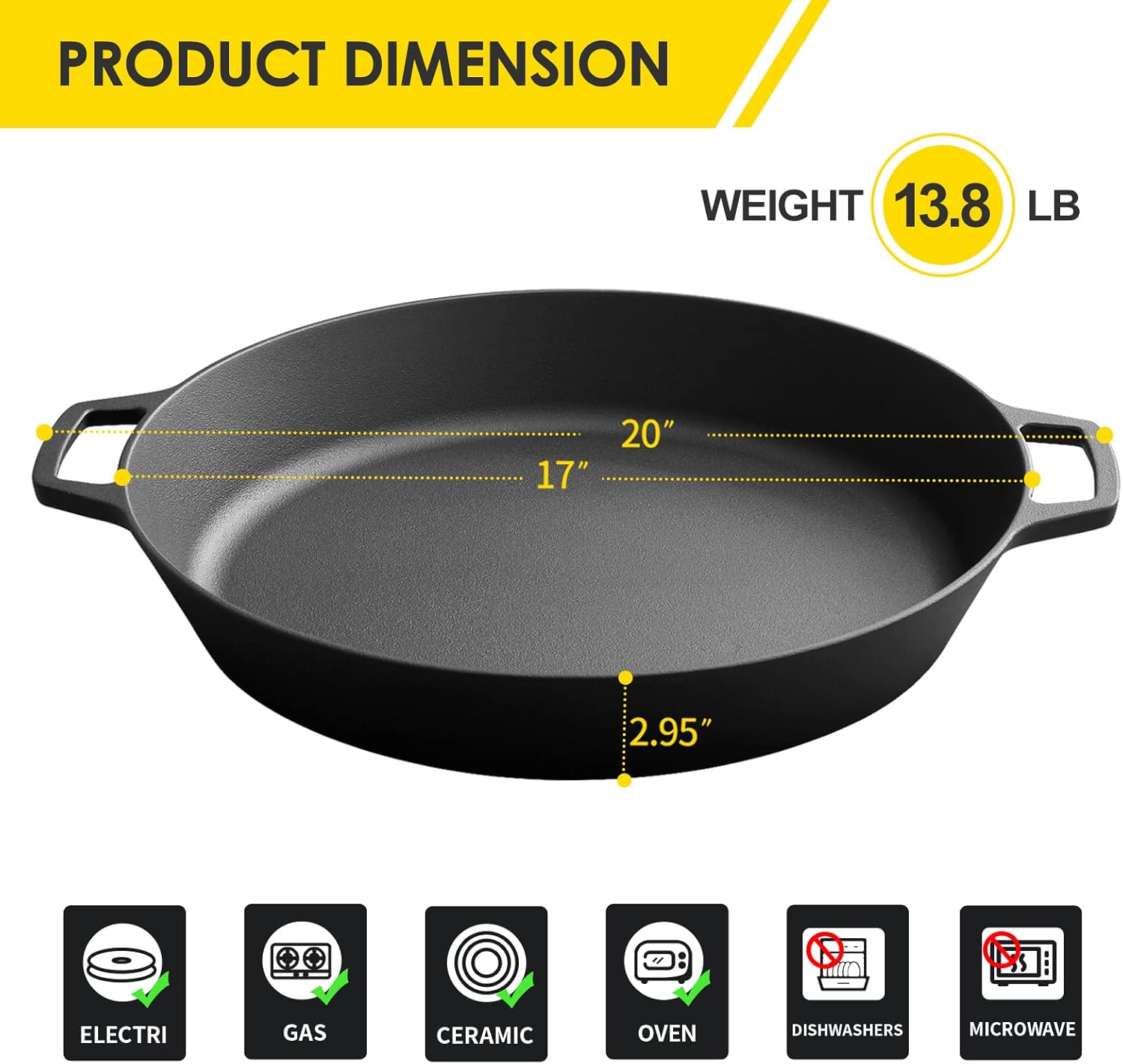 Pre-Seasoned Cast Iron Skillet ,Seasoned Large 15 Dual Handle Frying Pan, Cast Iron Pan for Bread, Baking,Pizza, Indoor / Outdoor Cooking, Camping