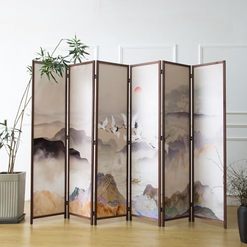 6 Panel Room Divider Screen,Double Faced Room Divider Folding Wall Divider for Room Separation,Mountains and Waters Landscape,67" H x 94.5" W