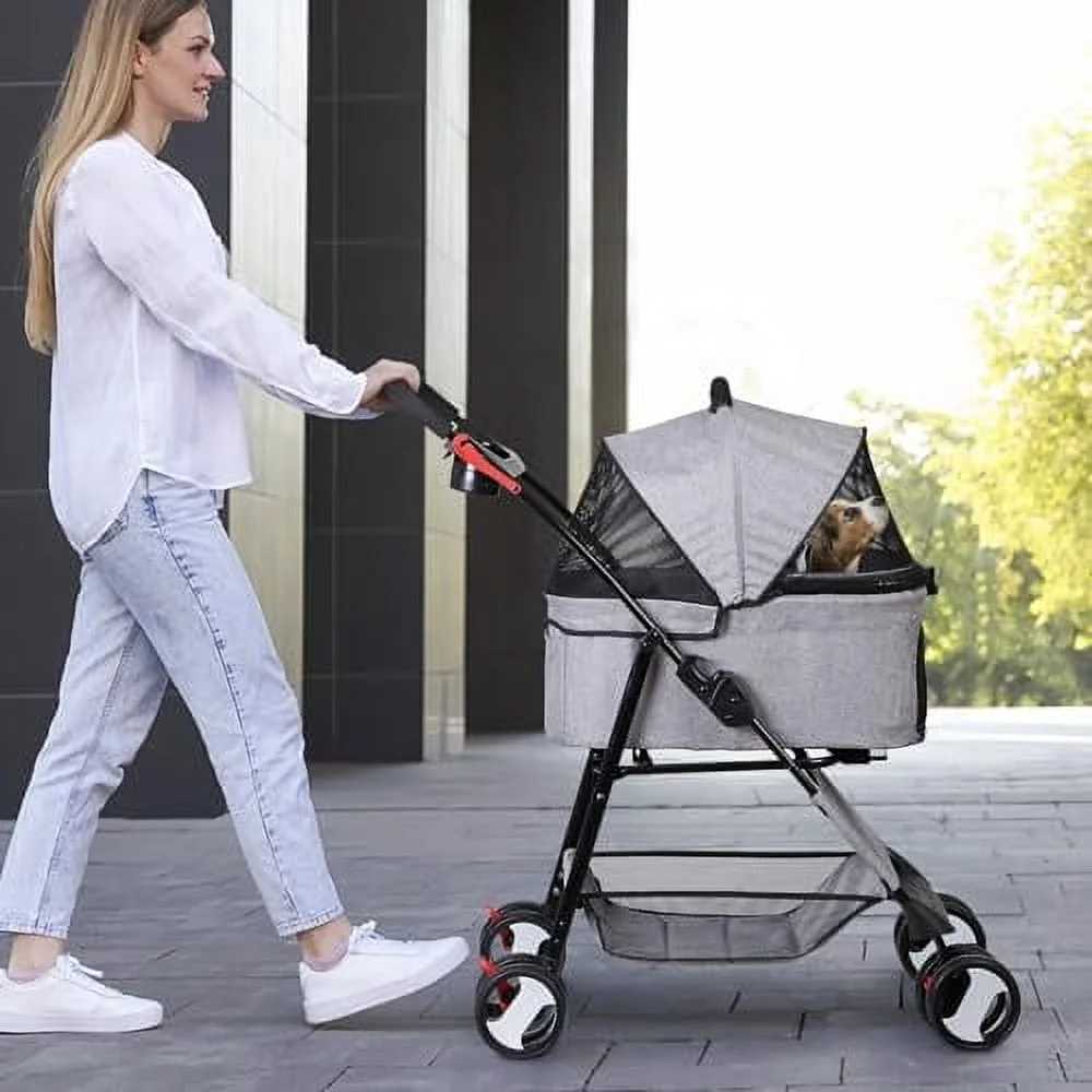 4 Wheels Foldable Pet Dog Cat Jogger Stroller Travel Carrier Strolling Cart w/Waterproof Cover Storage Basket Cup Holder &amp