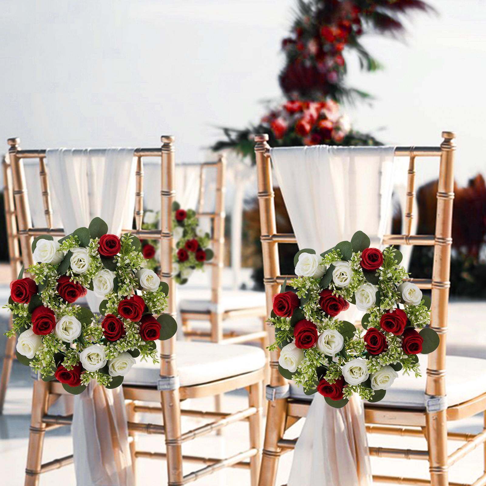 Blosmon Candle Rings Wreaths 6 Pcs 13.4" Large Burgundy & White Artificial Flowers Wedding Centerpiece for Table Spring Summer Fake Rose Wreath for