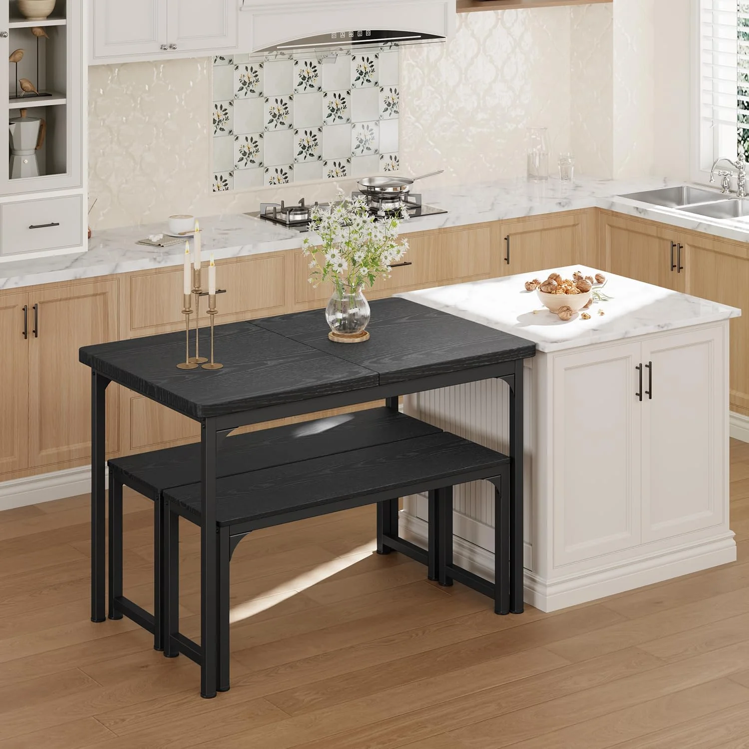 Dining Table Set For 4 To 6, Extendable Kitchen Table Set With 2 Benches, Ideal For Small Spaces And Apartment Dining Gatherings, Black
