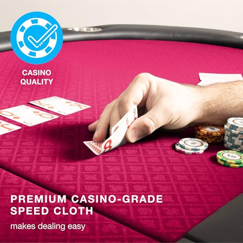 Brybelly 10-Person Foldable Poker Table with Suited Speed Cloth and Jumbo Stainless Steel Cupholders (Red, 84 Inch)
