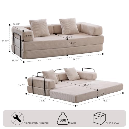Convertible Sleeper Sofa Bed with Cylindrical Pillow, Corduroy Folding Mattress Couch with Fixed-Shape Frame