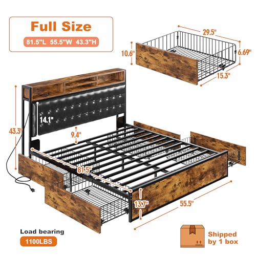 EnHomee Queen Bed Frame with 4 Drawers Bed Frame Queen Size with Headboard Loads 1100LBS Upholstered Queen Size Bed Frame with Charging Station