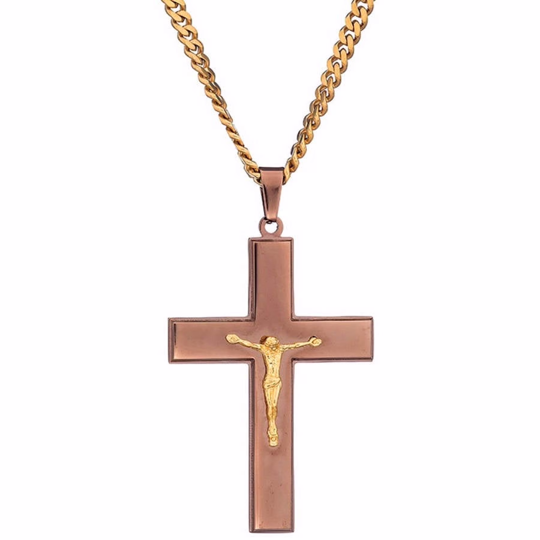 American Steel Jewelry Men's Stainless Steel Chocolate IP Brown-Tone Cross Crucifix with Gold-Tone Jesus, 24" Chain