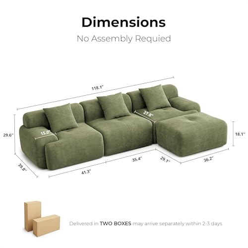 LIKIMIO 118" Modern L-Shaped Modular Sectional Sofa for Living Room, Corduroy Upholstery Green