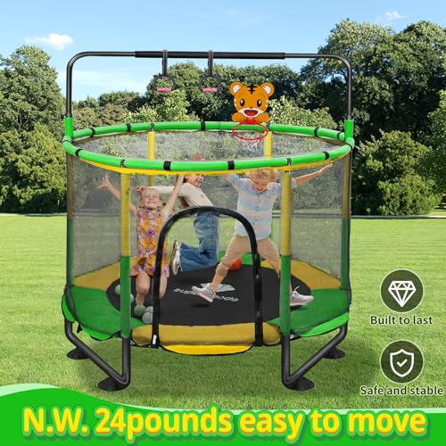 Trampoline for Kids, 5FT Adjustable for Toddler, Indoor/Outdoor Baby Trampoline with Enclosure Net, No-Gap Safe Design, Gifts for Boys & Girls