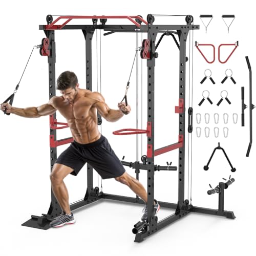 Fitness Reality Power Cage Squat Rack with Optional LAT Pulldown, Cable Crossover, 800 lb Capacity, Multi-Grip Pull-Up Bar, Adjustable Safety Bars