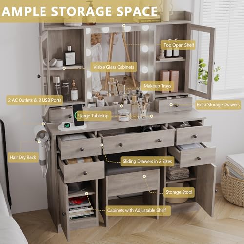 Makeup Vanity Desk with Mirror and Lights, White Vanity Table Set with Storage Drawers, Charging Station, Cabinets & Chair