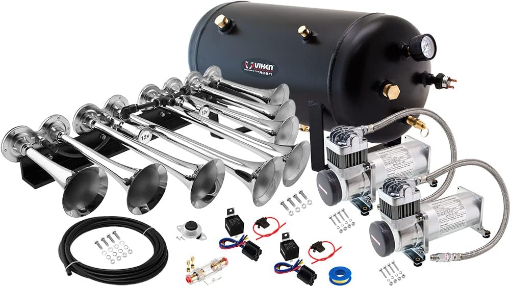 Vixen Horns Octopod Train Horn Kit for Trucks/Car/Semi.Complete Onboard System-Dual 200psi Air Compressor,5 Gallon Tank