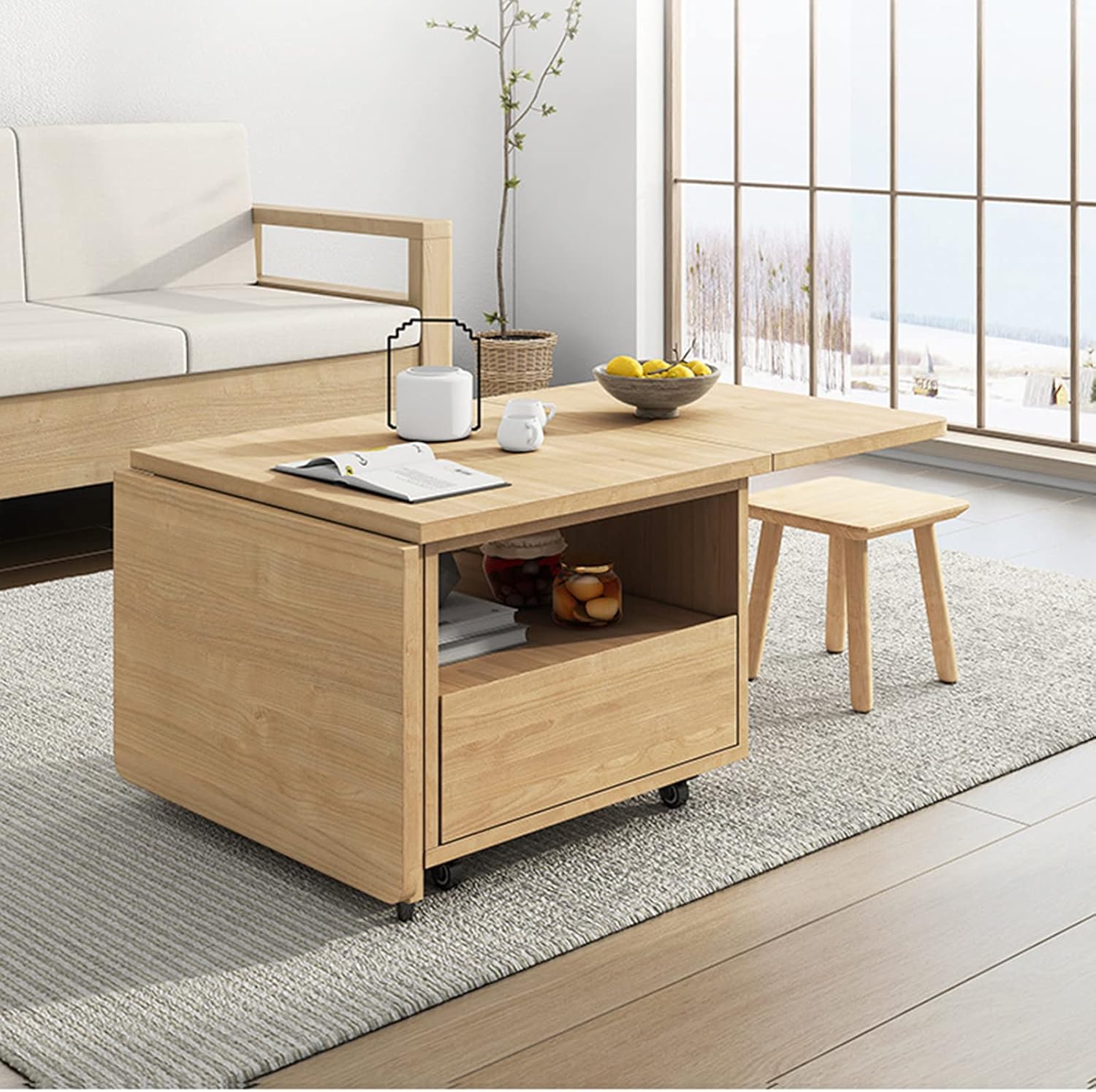 Folding Coffee Table, Multifunctional Dining Table, Solid Wood Drop-Leaf Tea Table with Rollers, Save Space