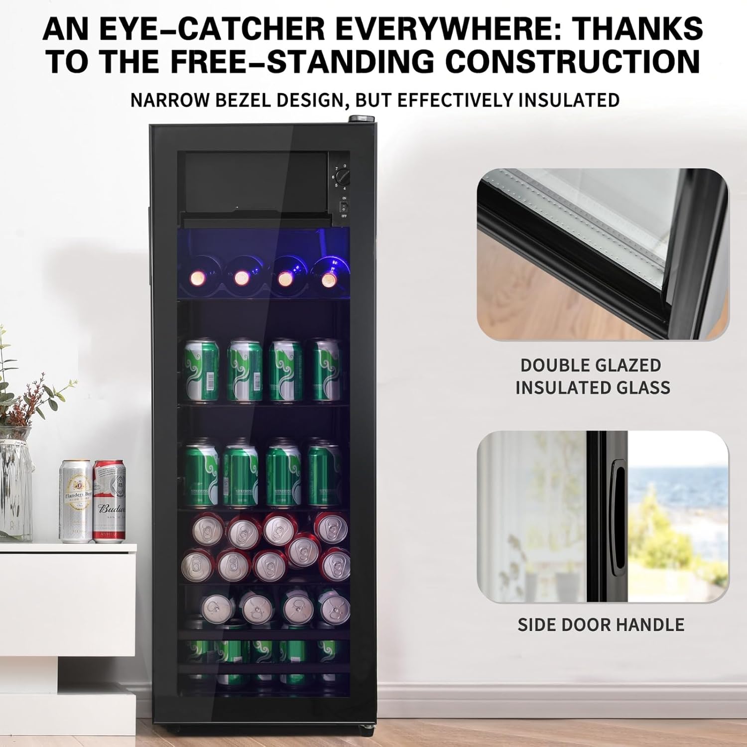 4.5 Cu.Ft Beverage Refrigerator - Mini Fridge with Freezer, Holds 160 Cans, Glass Door, Drink/Wine/Beer Cooler for Office, Bar, Bedroom