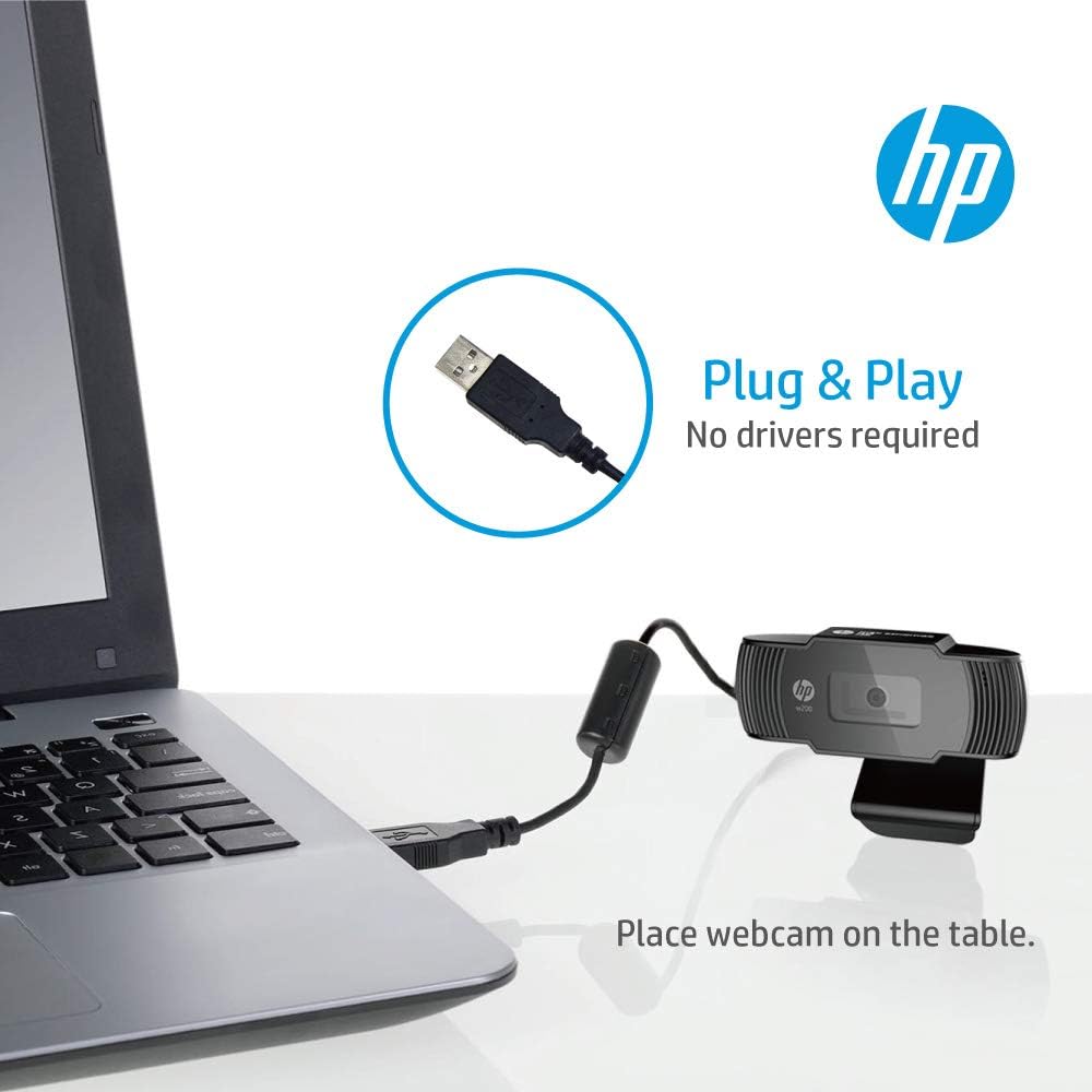 HP W200 Webcam, 720P HD, UVC Plug and Play, Built-in Microphone