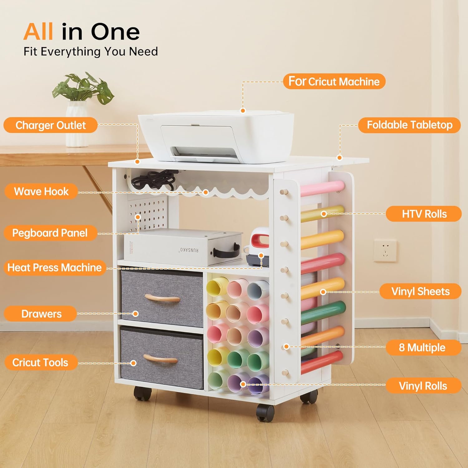 CRAFTEASE Rolling Craft Cart and Storage Table Compatible with Craft Machines Foldable Craft Cabinets w/USB Ports & Outlets Vinyl Roll Holder Craft