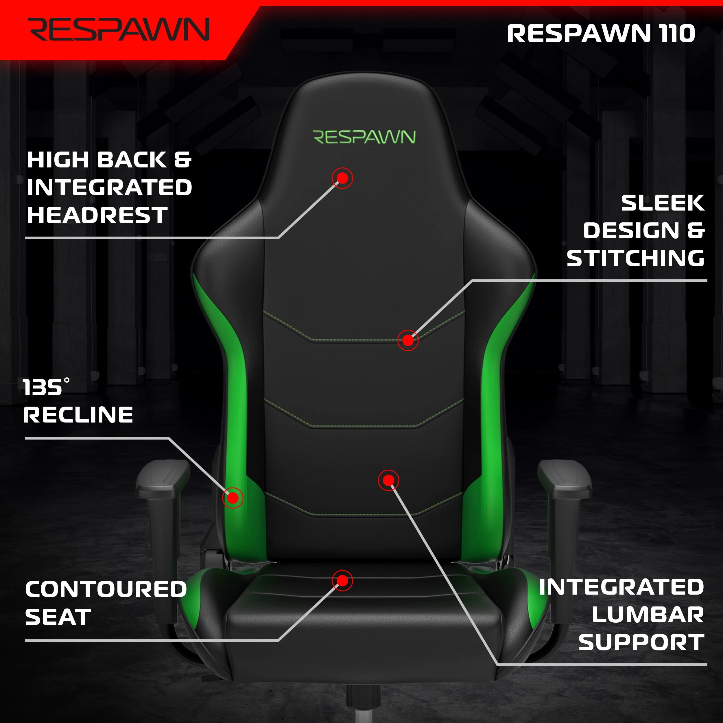 RESPAWN 110 Ergonomic PVC Gaming Chair-Racing Style High Back Office Chair -Integrated Headrest, Recline with Adjustable Tilt Tension & Angle Lock