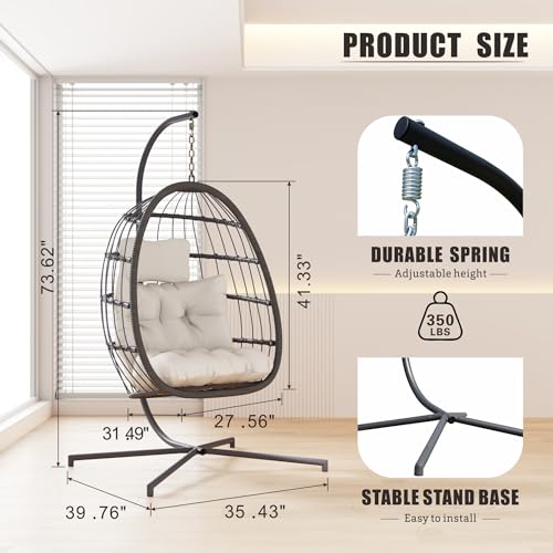 HWB Hanging Egg Chair with Stand, Patio Wicker Hammock Egg Swing Chair with Cushion for Bedroom Garden Indoor Outdoor (Beige)