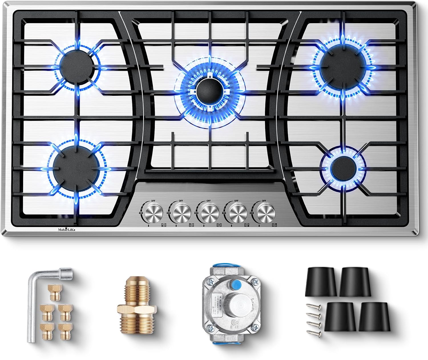 36 Inch Gas Cooktop, Maharlika Gas Stove Top Bulit-in with 5 Burner Stainless Steel Total 41,132 BTU, 36" NG/LPG Convertible Cooktops Dual Fuel
