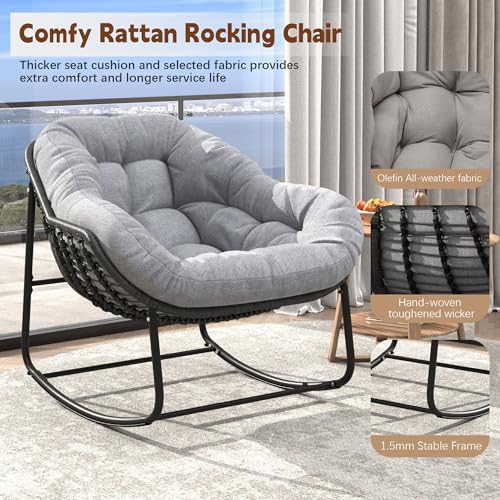 Outdoor Indoor Rocking Chair, Patio Wicker Egg Chair, Indoor & Outdoor Comfy Oversized Papasan Chair with Padded Cushion