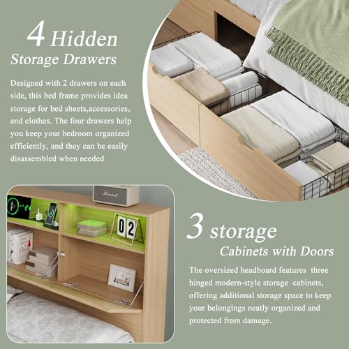Queen Bed Frame with 47" Storage Headboard, Queen Size Wood Bed Frame with 4 Storage Drawers, Built-in Charging Station & LED, Solid Wood Slats
