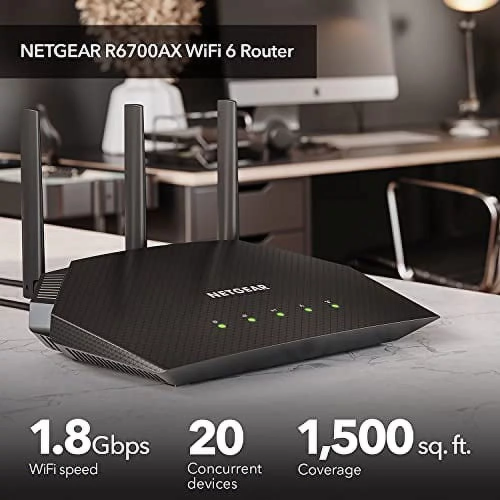 NETGEAR 4-Stream WiFi 6 Router (R6700AX) - AX1800 Wireless Speed (Up to 1.8 Gbps) | Coverage up to 1,500 sq. ft., 20 devices