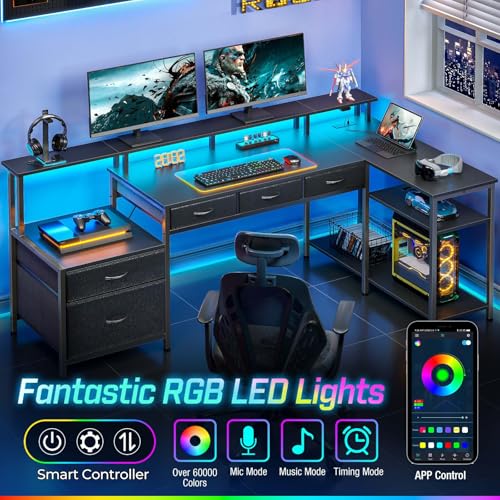 Seventable L Shaped Desk with File Drawers, 64" Home Office Desk with Power Outlet & LED Lights, Reversible Gaming Desk with Printer Storage Shelves