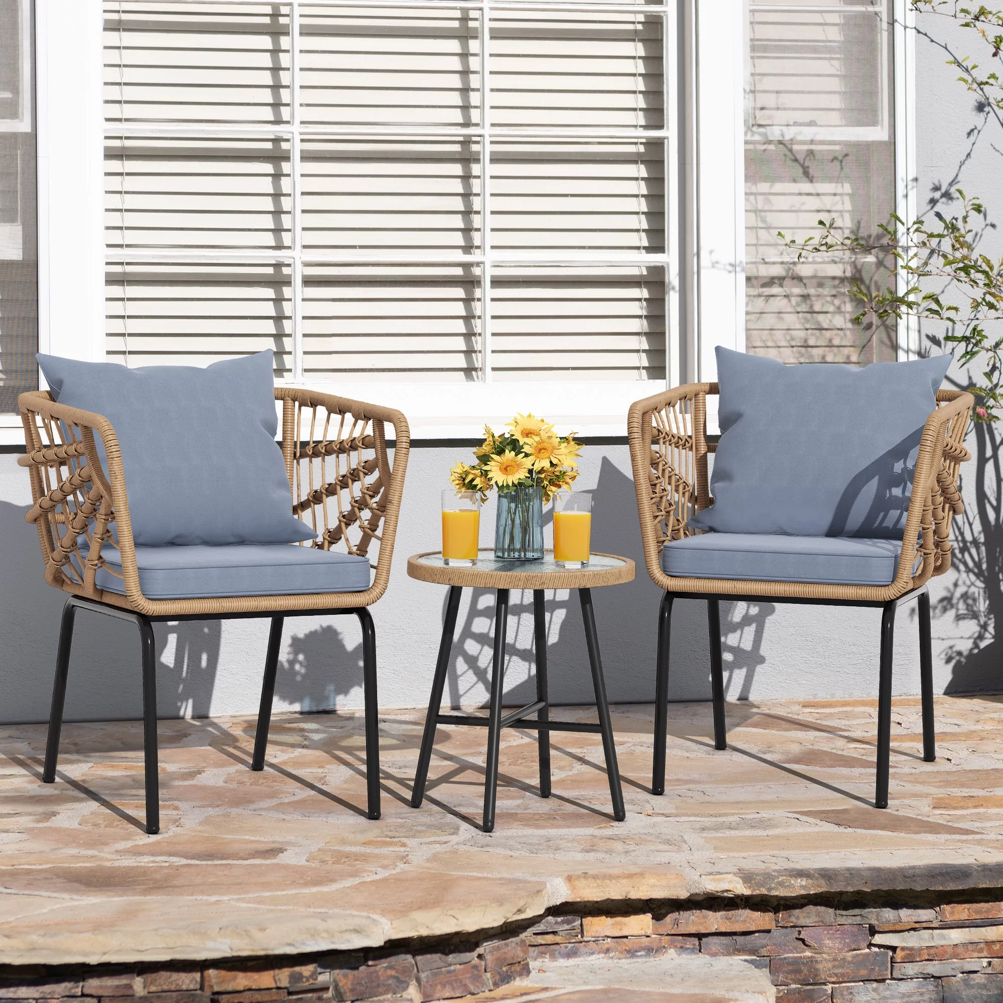 Dextrus 3-Piece Outdoor Patio Furniture Wicker Bistro Set, With 2 Chairs and Coffee Table,Cushions and Lumbar Pillows-Gray