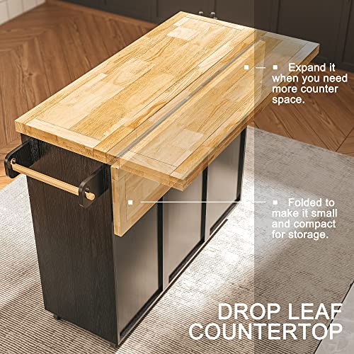 IRONCK Rolling Kitchen Island Cart with Drop-Leaf Countertop, Barn 3Drawers, Barn Door Style Cabine,Thicker Rubberwood Top, Spice Rack, on Wheels