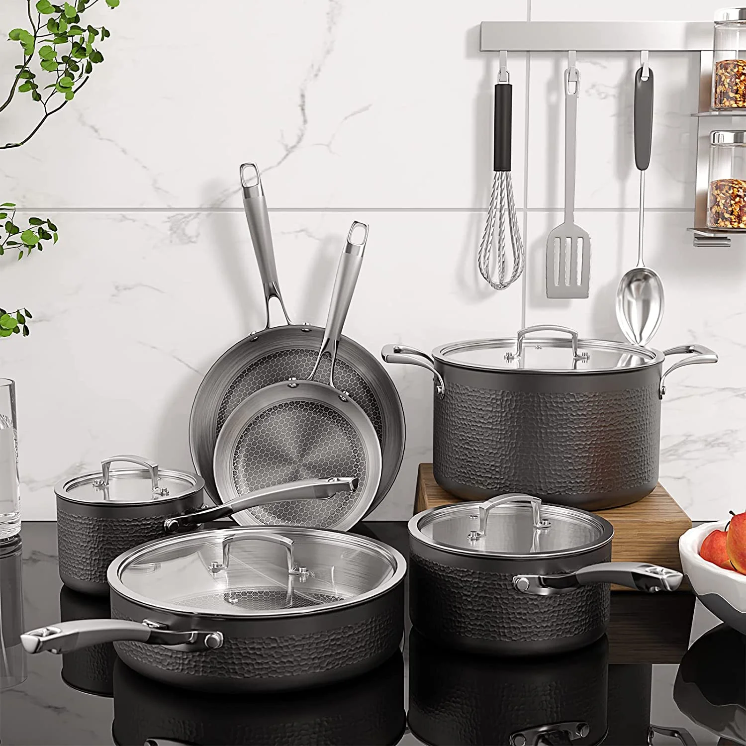 Homaz life Pots and Pans Set  Tri-Ply Stainless Steel Hammered Kitchen Cookware  Induction Compatible  Dishwasher and Oven Safe  Non-Toxic