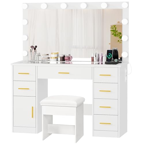 ANWBROAD Large Vanity Desk with Lighted Mirror White Makeup Vanity Set with Glass Top & Power Outlet & 7 Drawers Storage 3 Color Lighting Modes
