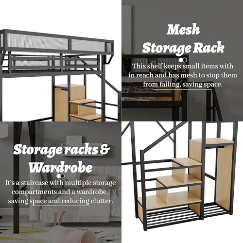 Full Size Loft Bed with Desk and Stairs, Heavy-Duty Steel Loft Bed Frame with Wardrobe & LED Light