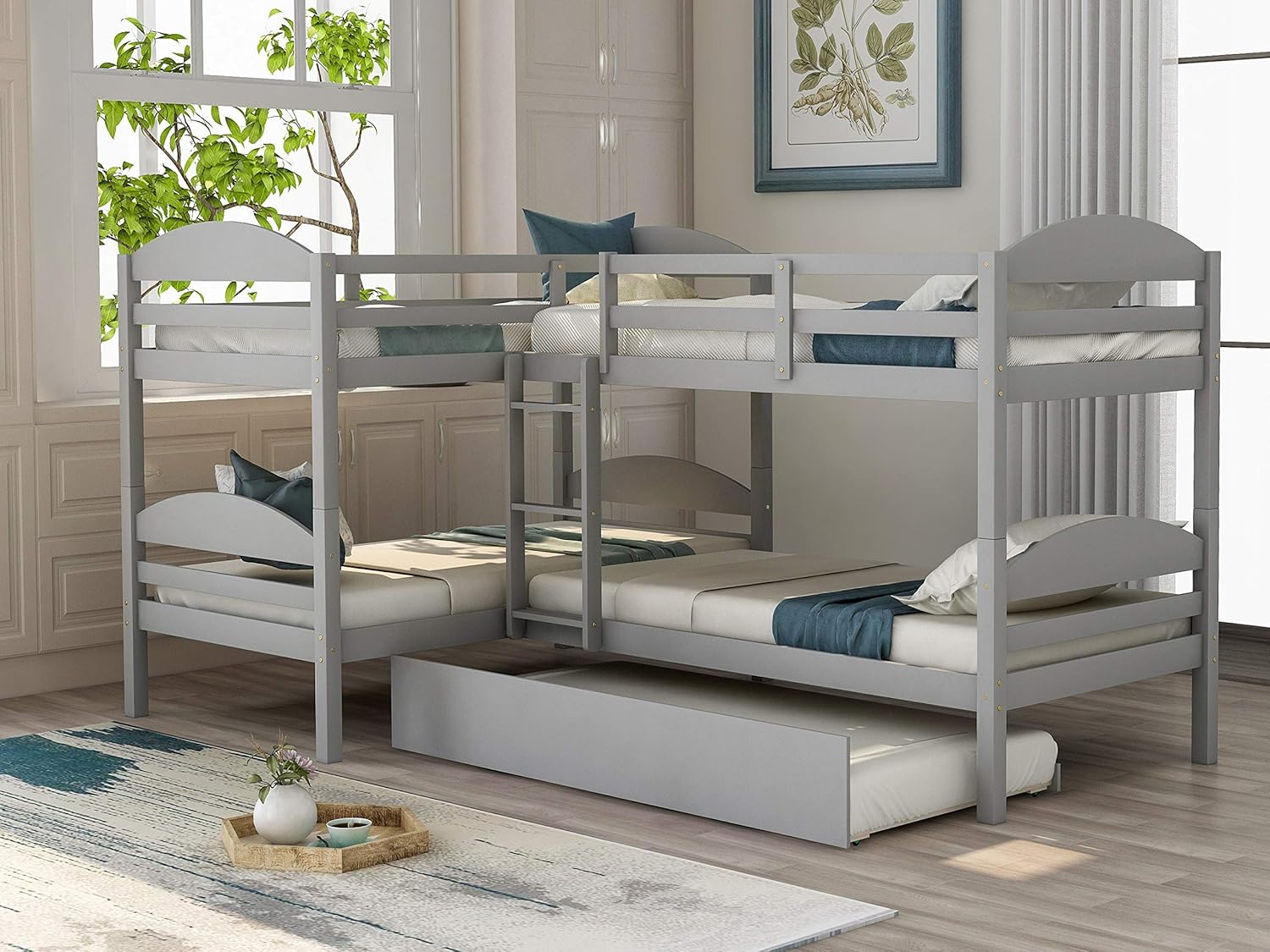 Solid Wood Bunk Beds,Twin Over Twin Bunk Bed with Trundle, Twin L-Shaped Bunk Bed Frame, 5 Bed Bunk Bed Frame with Guardrails and Ladder