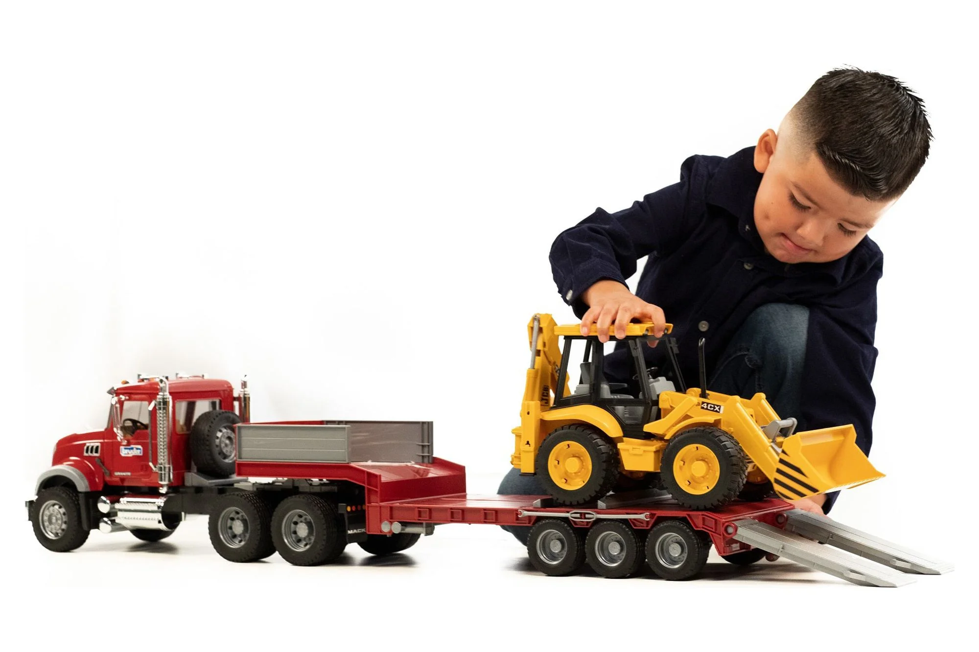 Bruder 02813 MACK Granite Flatbed Truck w/ JCB Loader Backhoe
