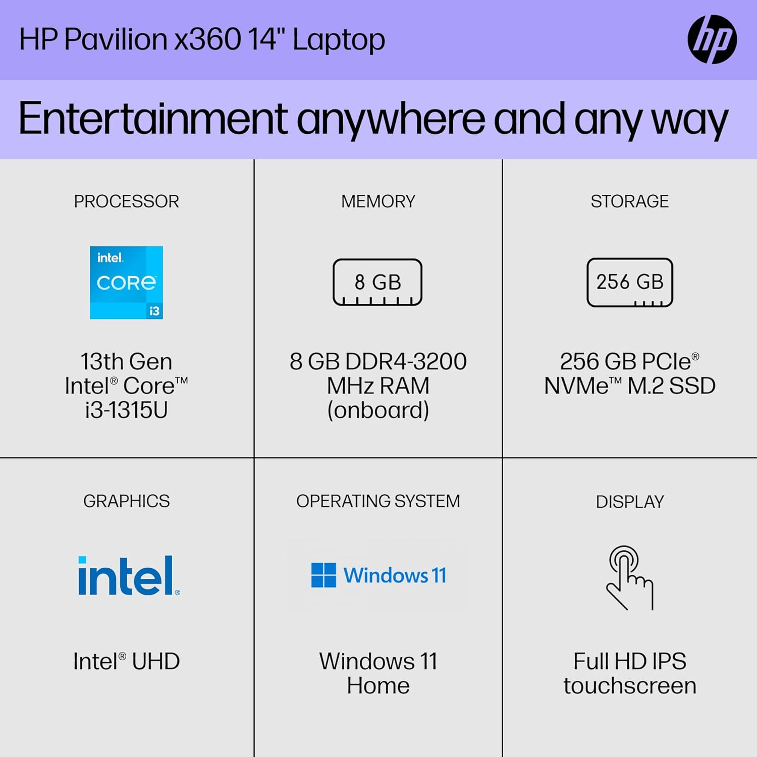 HP Pavilion x360 14 inch Laptop, FHD Touchscreen, 13th Generation Intel Core i3-1315U, 8 GB RAM, 256 GB SSD, Intel UHD Graphics, Windows 11 Home