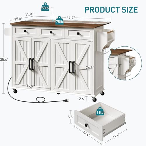 Kitchen Island with Drop Leaf, Kitchen Cart with Charging Station, Kitchen Table with Storage, Rolling Island Table with 3 Drawers