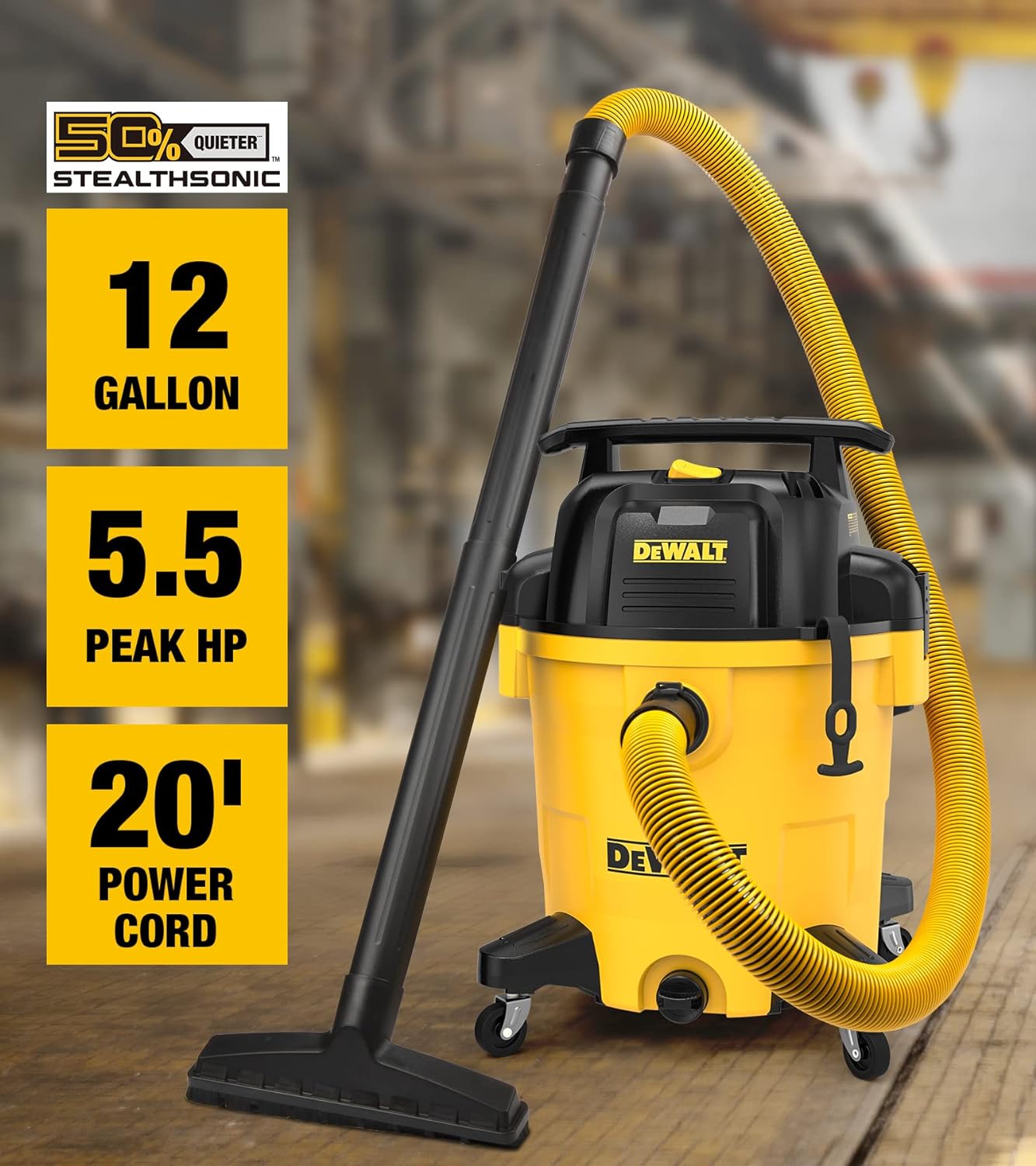 DEWALT 12 Gallon STEALTHSONIC Poly Wet/Dry Vacuum, DXV12P-QTA Newest Noise Reduction Vac, Heavy Duty Shop Vacuum for Jobsite/Workshop